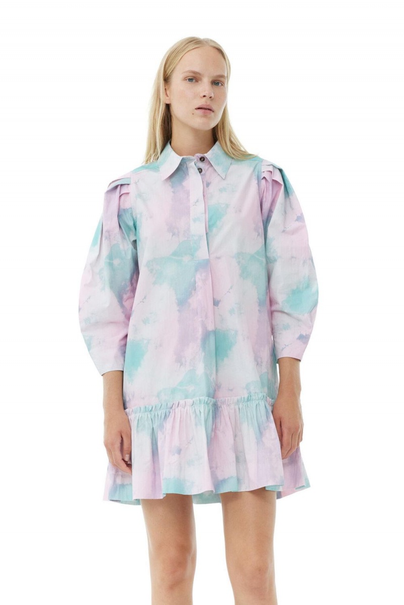 White Women's Ganni Lilac Printed Cotton Mini Shirt Dress | 75BSINAZY