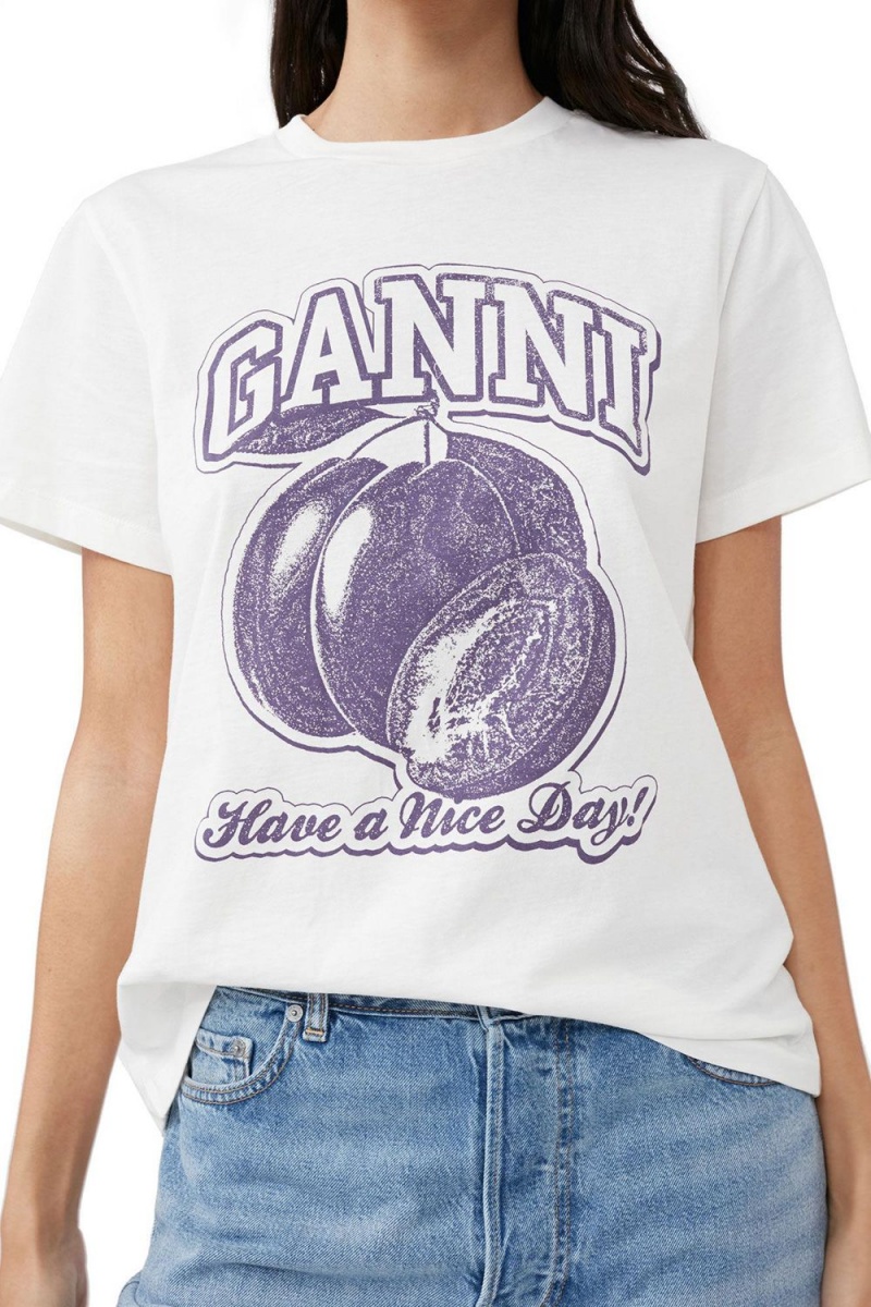 White Women's Ganni Plum Relaxed T-Shirt | 38YNBGVLF