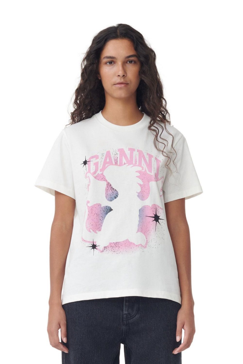 White Women\'s Ganni Relaxed Dragon T-Shirt | 96ZPLXRDG