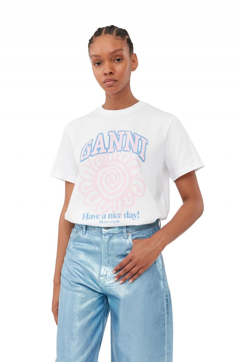 White Women's Ganni Relaxed Flower T-Shirt | 25CFTEYJH