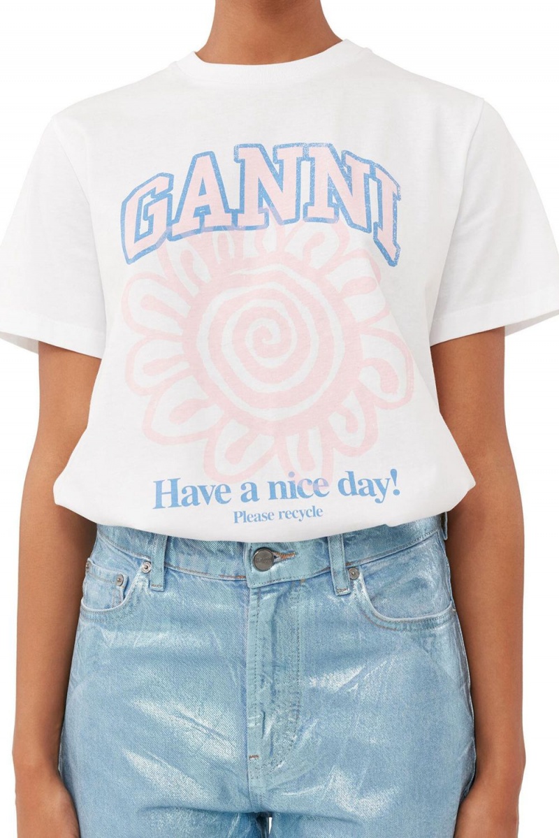 White Women's Ganni Relaxed Flower T-Shirt | 25CFTEYJH