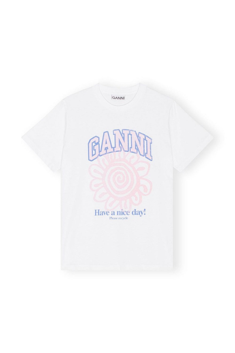 White Women's Ganni Relaxed Flower T-Shirt | 25CFTEYJH