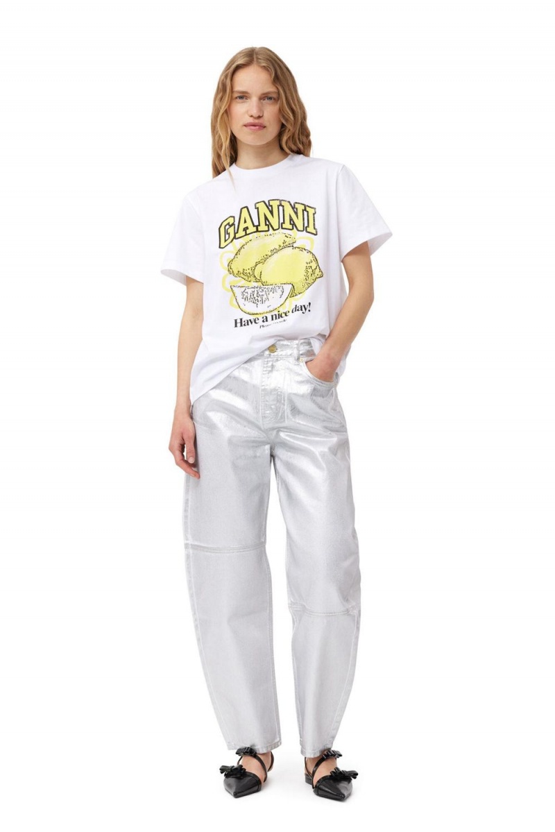 White Women's Ganni Relaxed Lemon T-Shirt | 69WTZKGJV