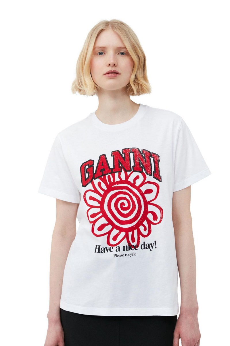 White Women's Ganni Relaxed Red Flower T-Shirt | 73YLFOTSN