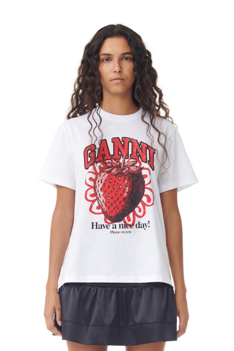 White Women\'s Ganni Relaxed Strawberry T-Shirt | 28CAXPGMT