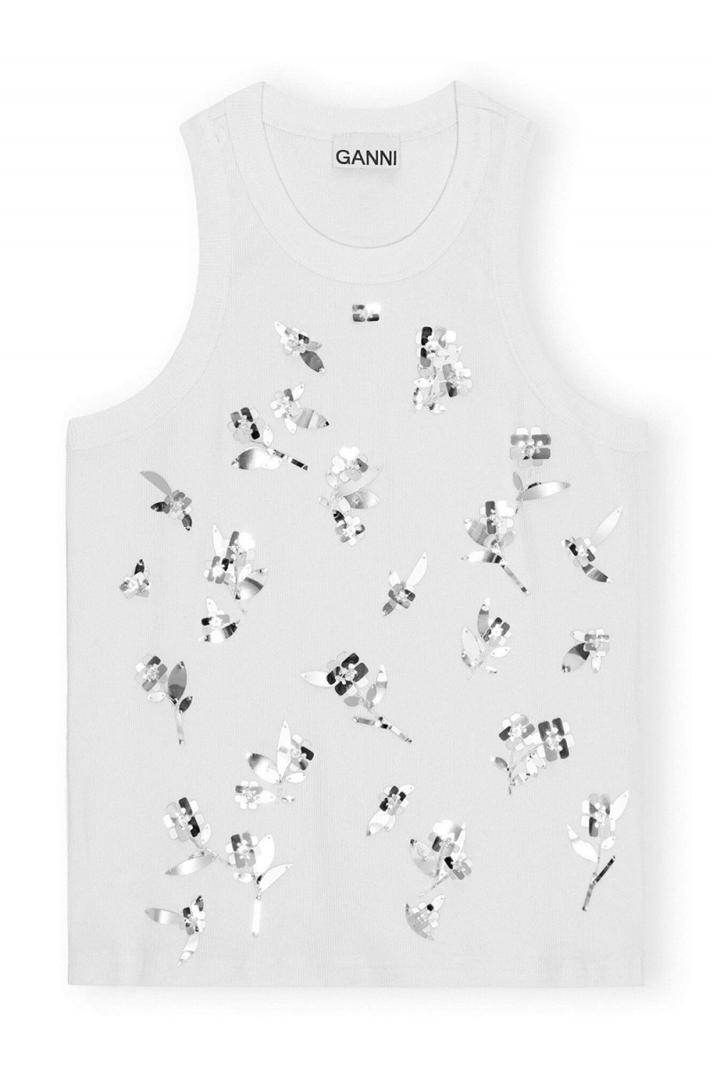 White Women's Ganni Rib Jersey Embellished Tank Top | 43NUXLAKM