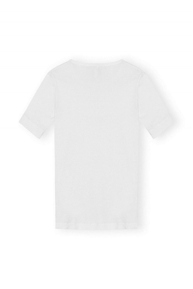 White Women's Ganni Soft Cotton Rib Short Sleeve T-Shirt | 79UJBLHCE