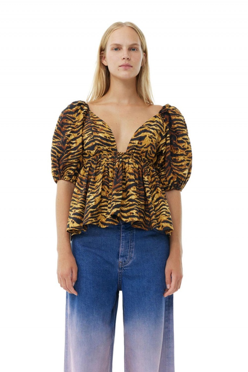 Yellow Women\'s Ganni Animal Printed Cotton Blouse | 52GVTPBFK