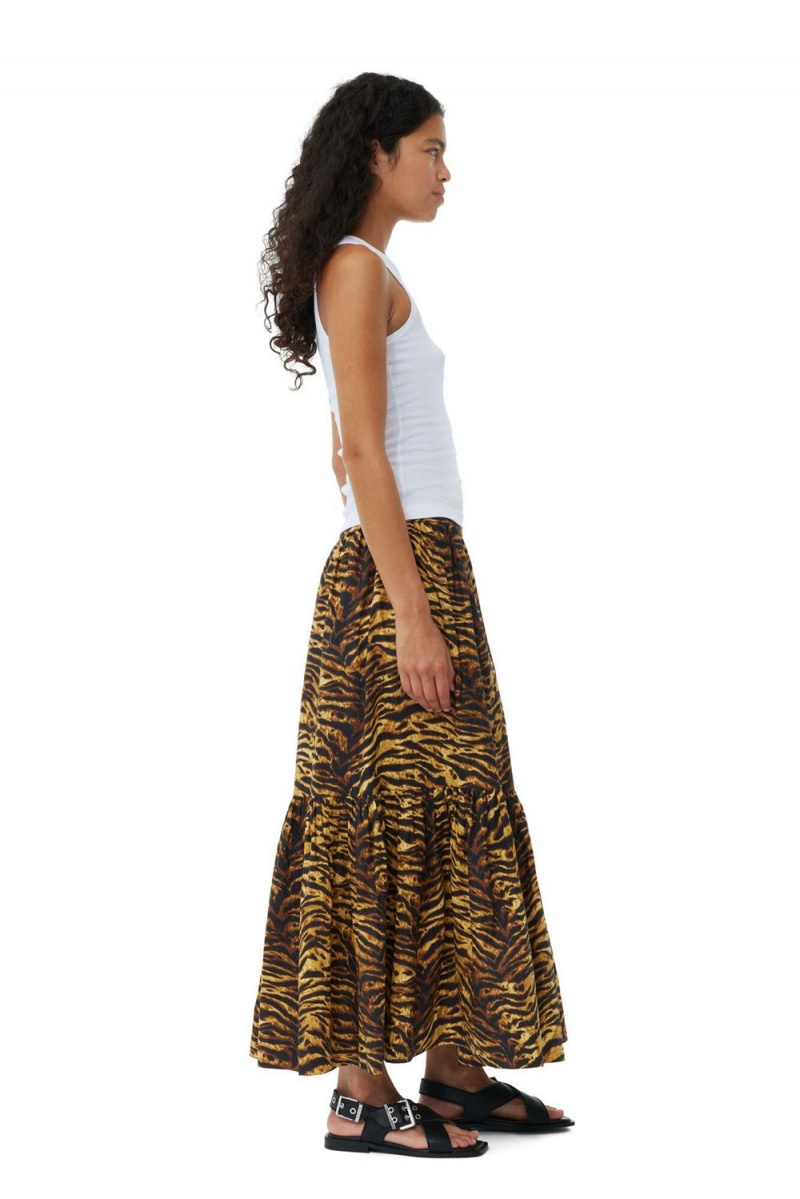 Yellow Women's Ganni Animal Printed Cotton Maxi Flounce Skirt | 70NGSBOZM