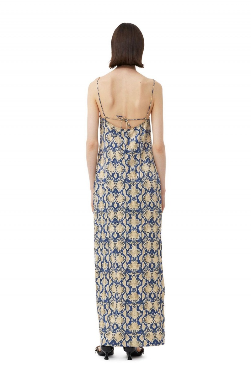 Yellow Women's Ganni Snake Printed Crinkled Satin Midi Slip Dress | 45THVRIED