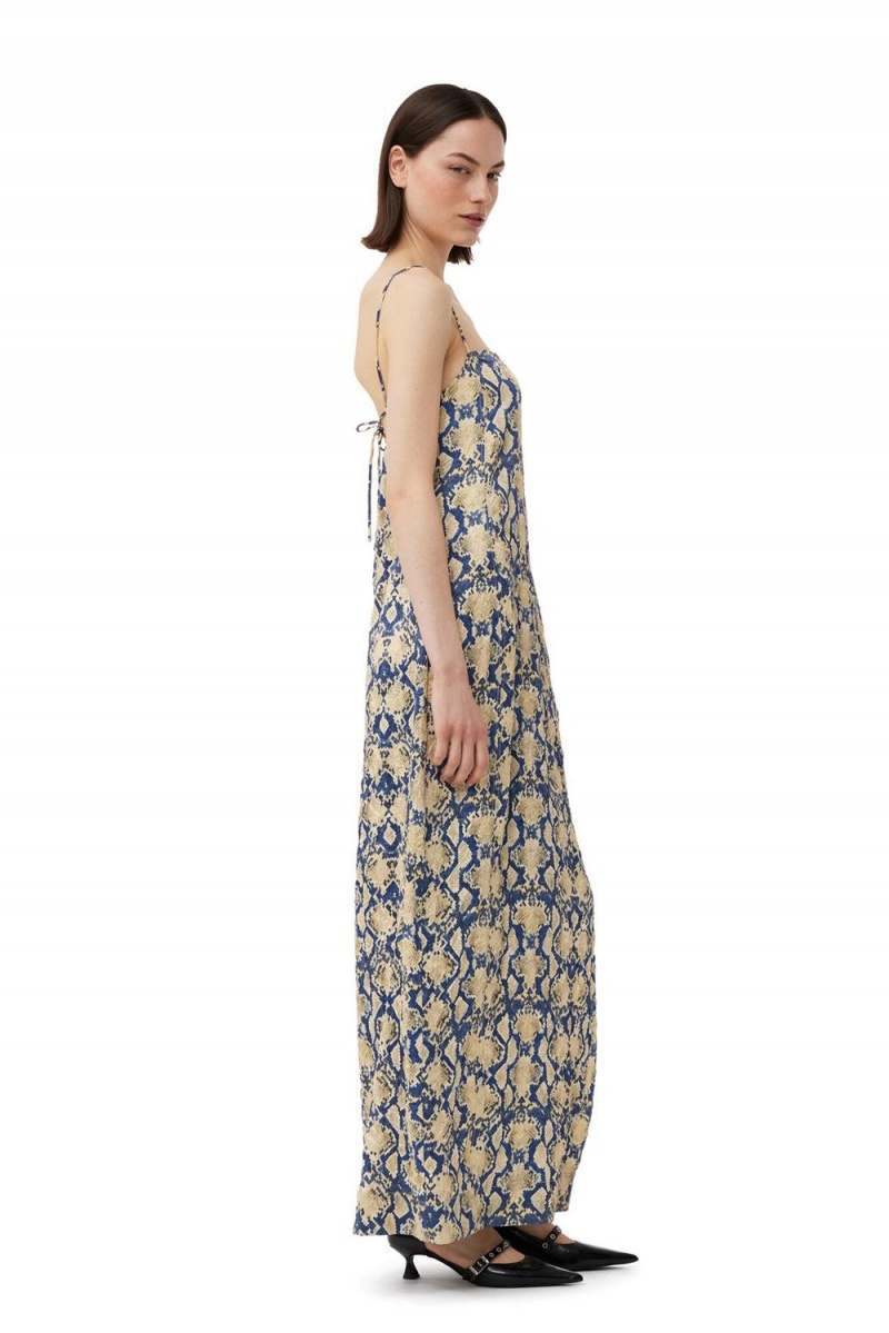 Yellow Women's Ganni Snake Printed Crinkled Satin Midi Slip Dress | 45THVRIED