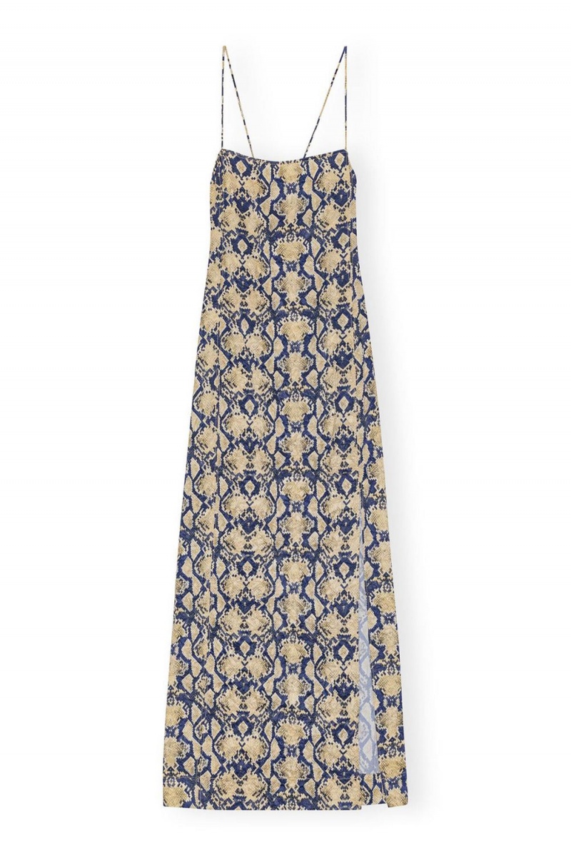 Yellow Women's Ganni Snake Printed Crinkled Satin Midi Slip Dress | 45THVRIED