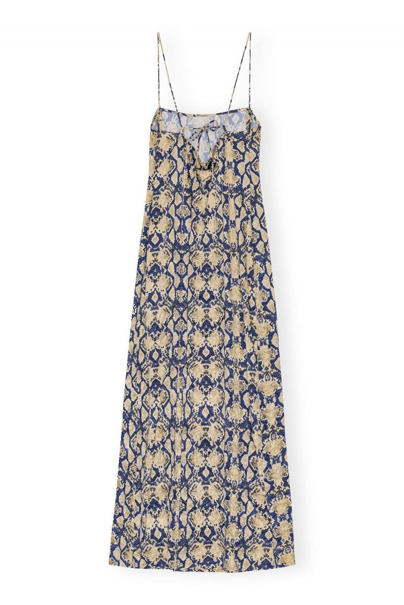 Yellow Women's Ganni Snake Printed Crinkled Satin Midi Slip Dress | 45THVRIED